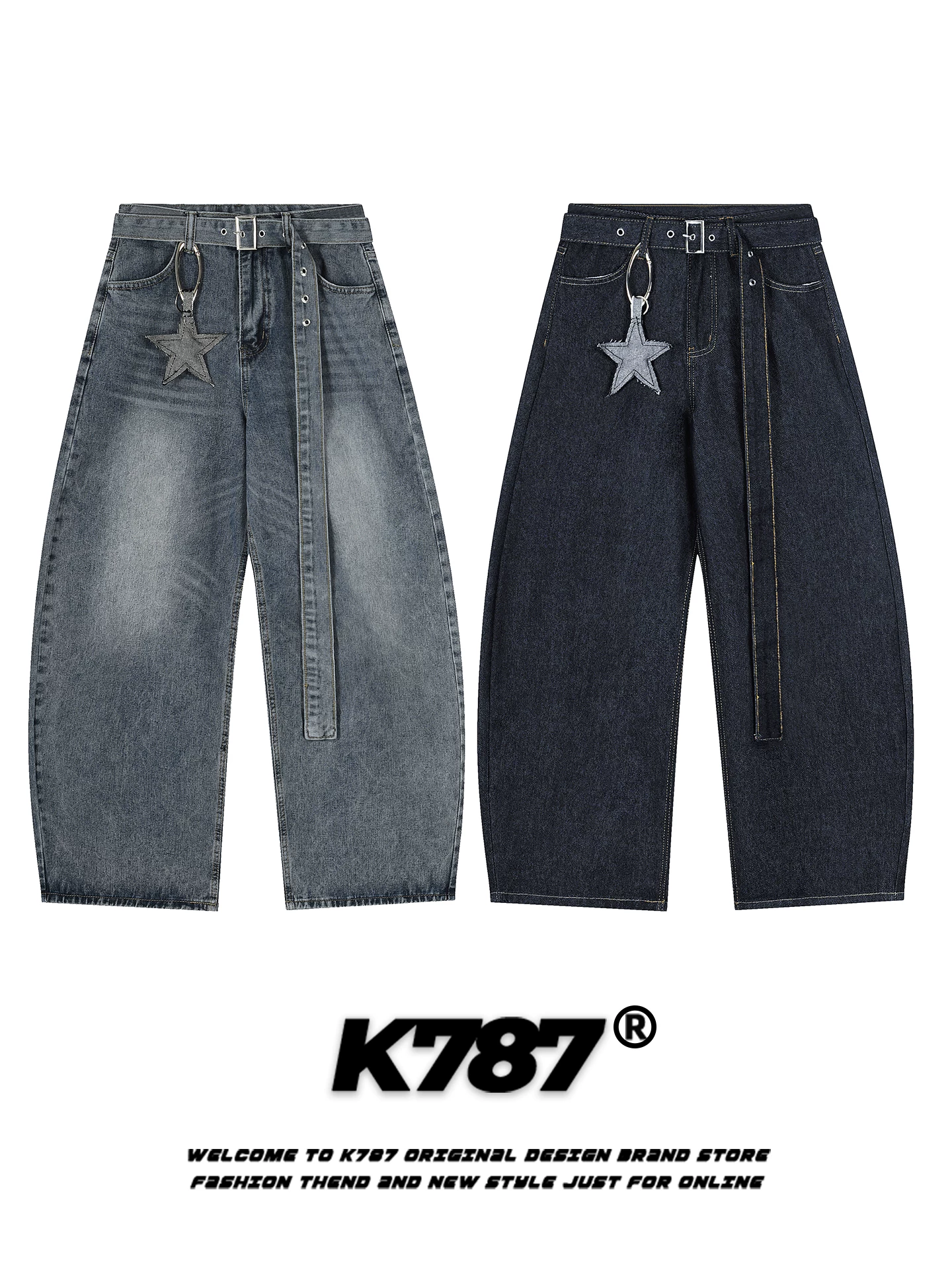 Quần jeans unisex cạp cao dáng rộng phong cách hip-hop, kiểu dáng retro Mỹ, họa tiết sao K787, dáng rộng thoải mái
