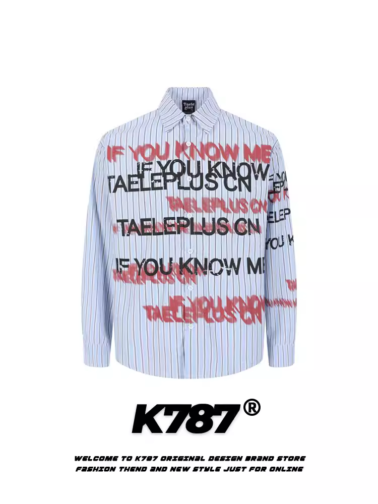 K787 Mỹ retro thư graffiti sọc dài tay áo sơ mi unisex hợp thời trang dáng rộng giản dị áo sơ mi cặp đôi áo khoác