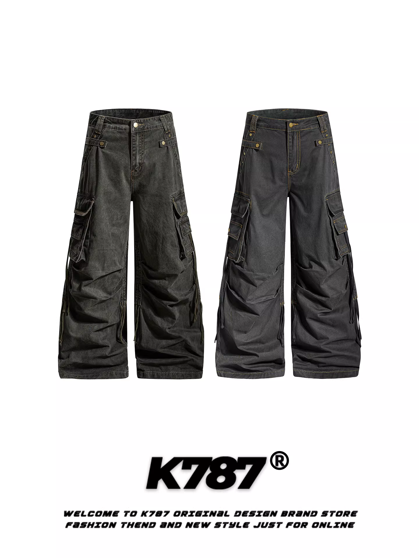 Quần cargo nhiều túi kiểu Mỹ cổ điển K787, unisex, thời trang đường phố, phong cách thoải mái, dáng rộng, dài chấm đất.