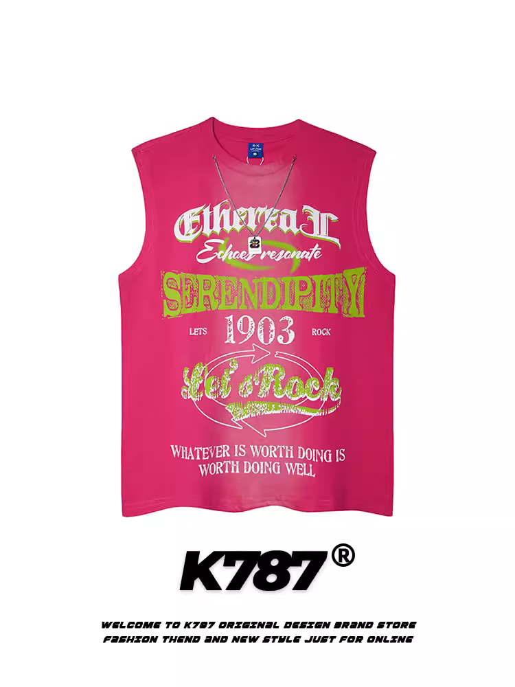 K787 Mỹ retro đường phố hip-hop dưa hấu áo vest màu đỏ Áo thun unisex oversize vòng cổ ins áo không tay