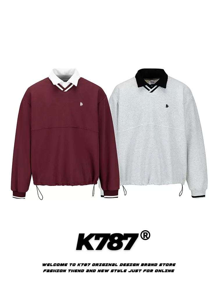 Áo polo đơn giản phối màu cổ điển kiểu Mỹ K787 dành cho nam và nữ, áo sweatshirt thể thao giả hai mảnh đa năng, phong cách thường ngày