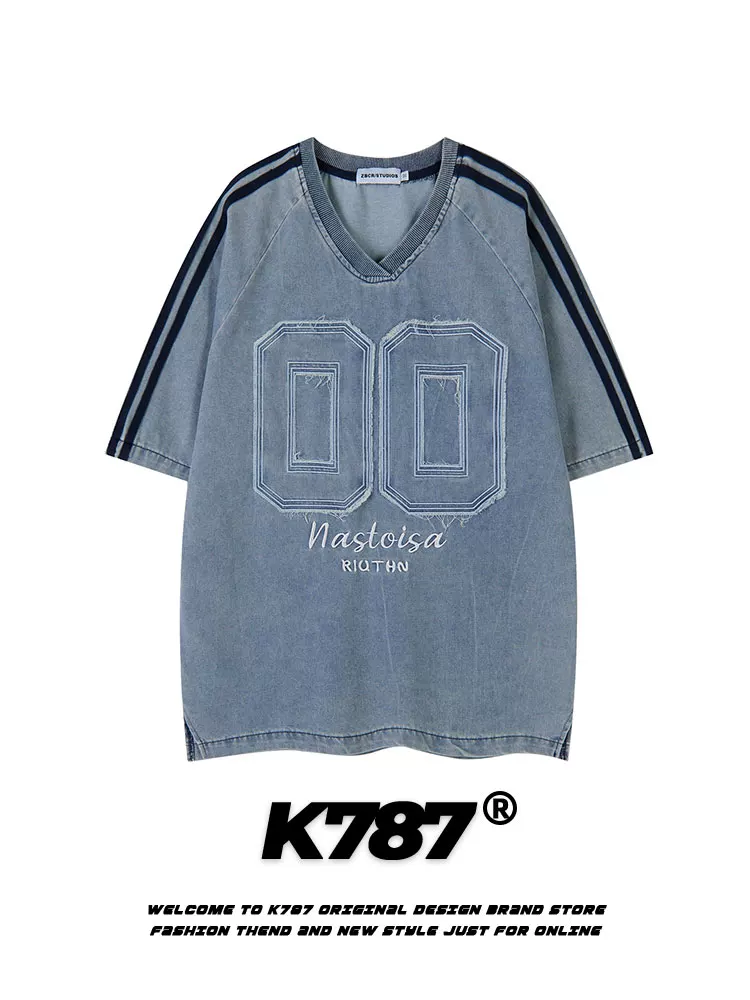 Áo thun tay ngắn kiểu vintage thêu họa tiết retro Mỹ K787 dành cho nam và nữ, kiểu dáng rộng thùng thình, áo đôi