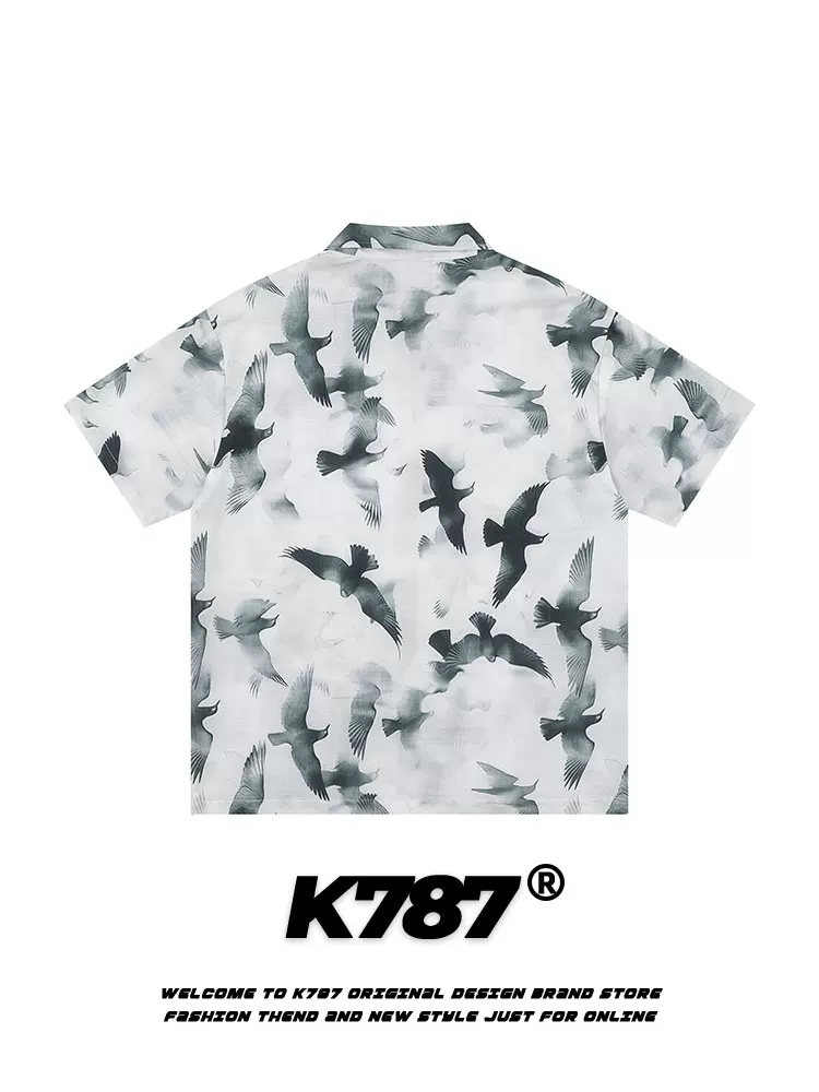 K787 nghệ thuật in hình chim bồ câu hòa bình đi biển áo sơ mi ngắn tay giản dị unisex phong cách đường phố Mỹ áo cardigan đa năng nửa tay