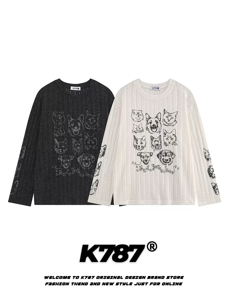 K787 Hot Girl Fun Thin Cat and Dog Print Áo thun dài tay in hình mèo và chó Áo khoác dài tay mỏng quá khổ Áo khoác ngoài
