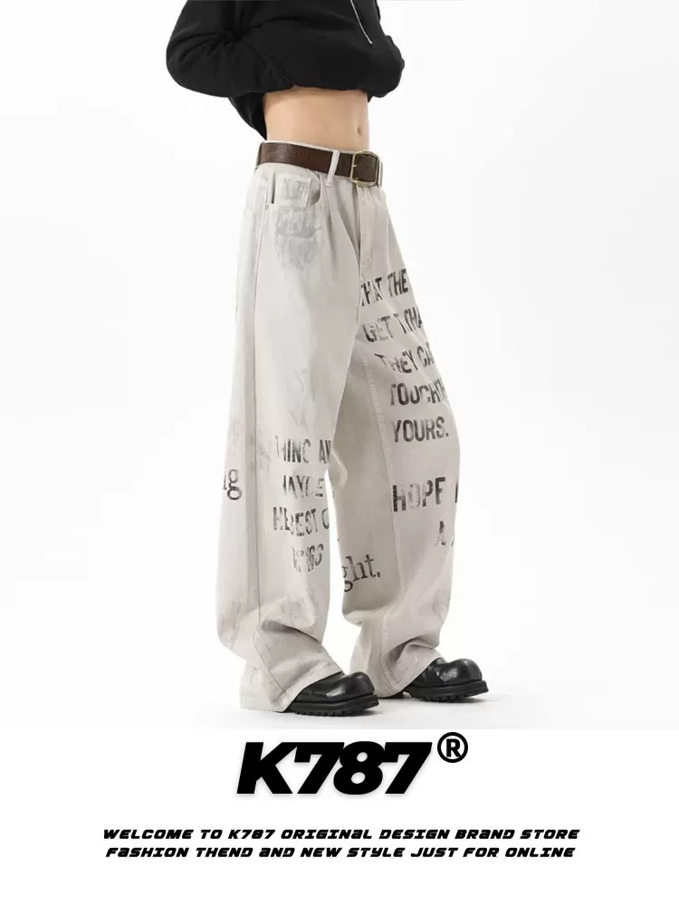 Quần jeans unisex K787 kiểu Mỹ cổ điển, giặt mài, rách, in chữ, phong cách hip-hop, dáng thẳng, mặc thường ngày