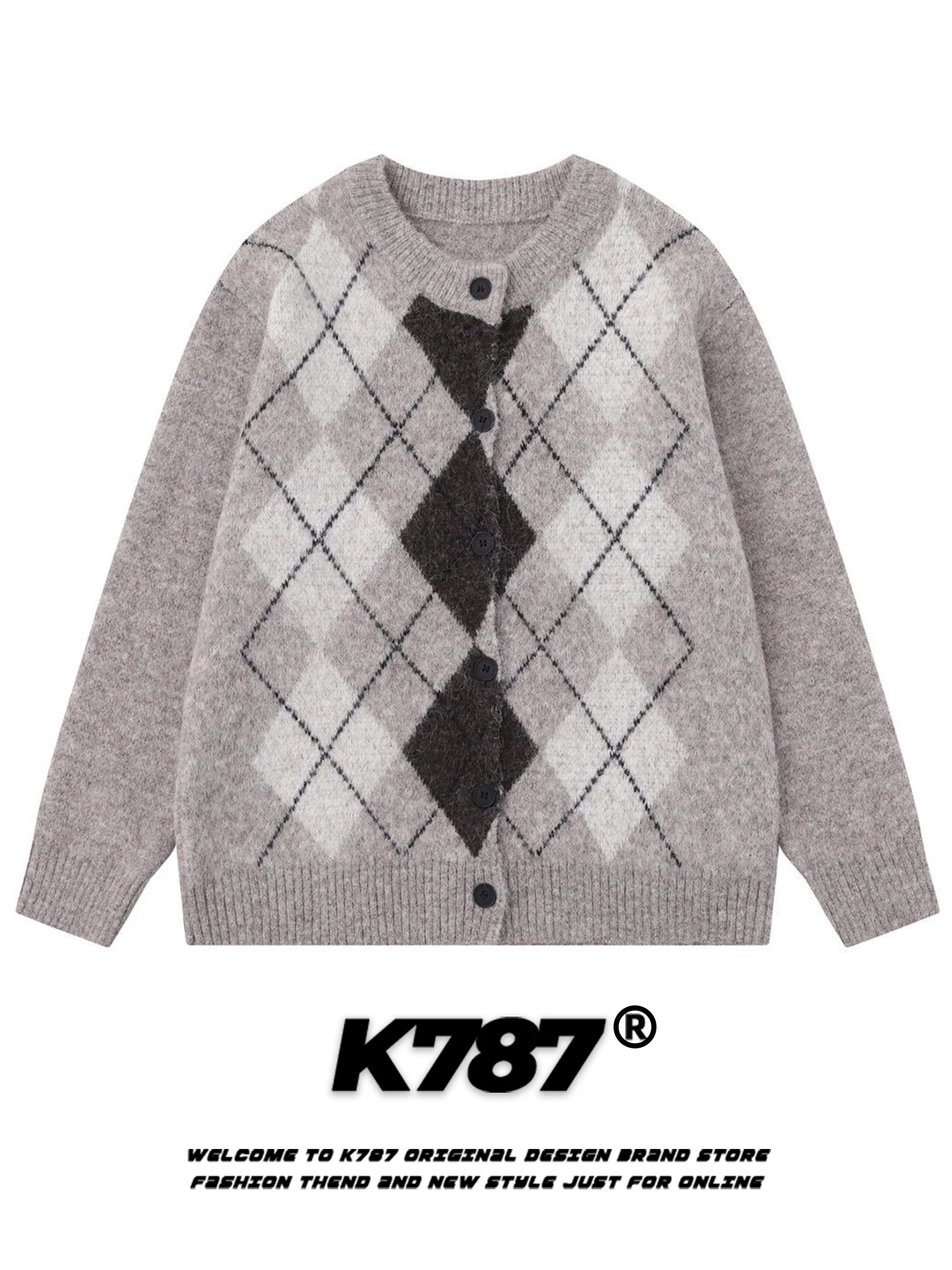 Áo len cardigan họa tiết kim cương cổ điển kiểu Mỹ K787 dành cho nam và nữ, áo khoác dệt kim dáng rộng, phong cách giản dị, thoải mái dành cho cặp đôi mùa thu.