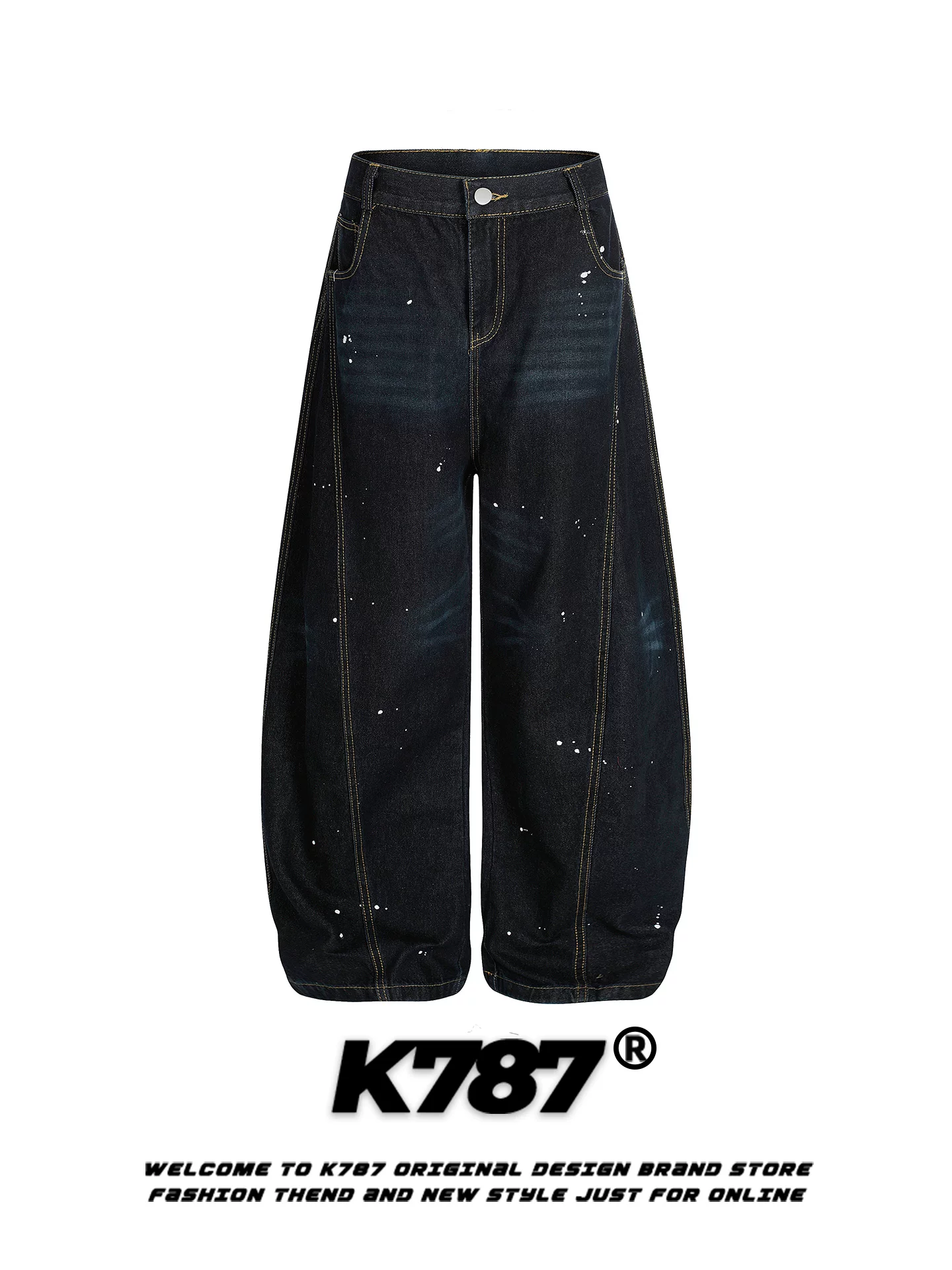 Quần jeans unisex kiểu dáng street fashion, chất liệu denim xước, phong cách retro Mỹ, cạp cao, ống rộng, mã K787