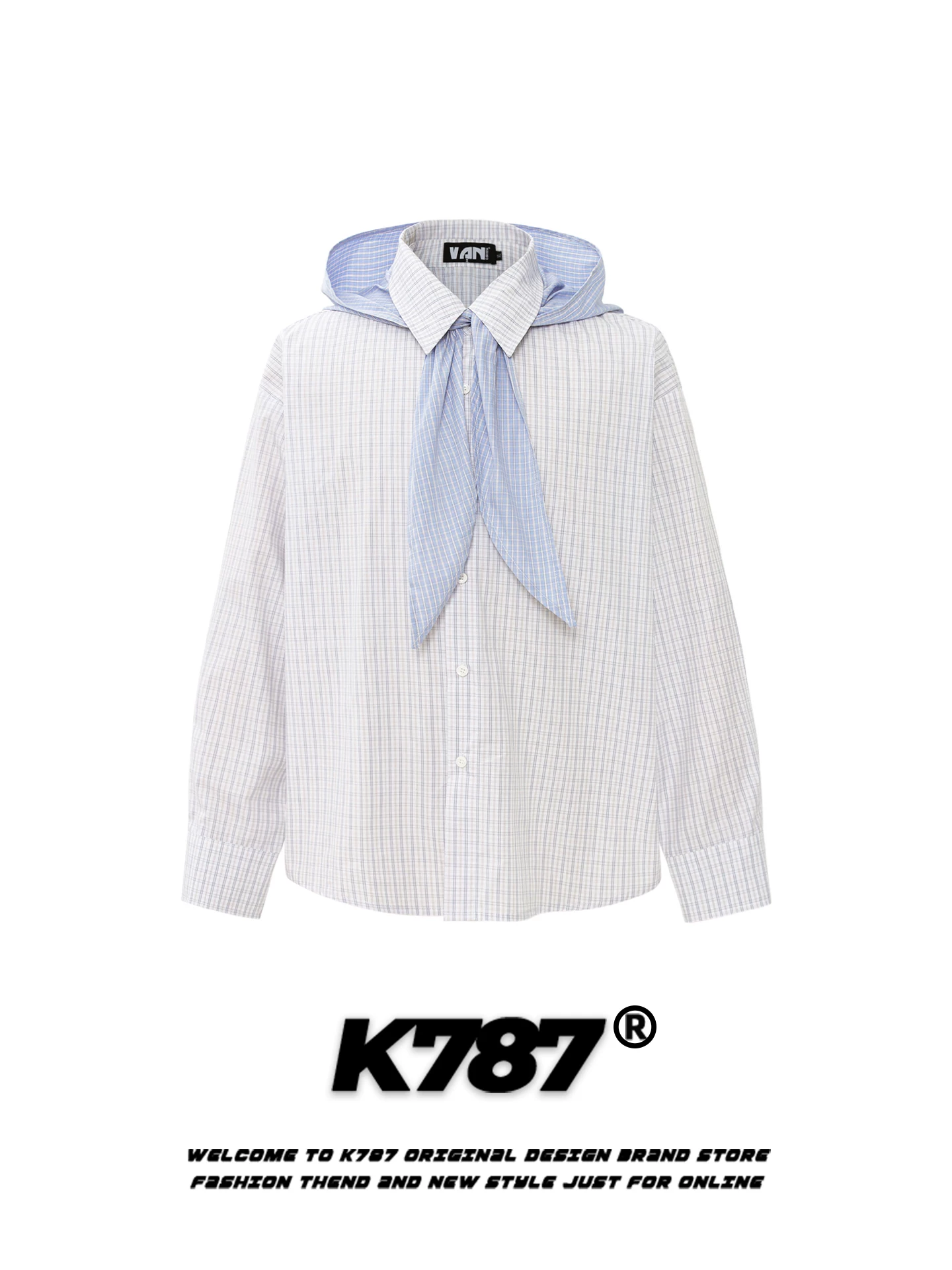 Áo sơ mi kẻ caro phong cách Mỹ K787, phối màu, có mũ trùm đầu tháo rời, unisex, kiểu dáng học sinh, rộng rãi, dành cho cặp đôi, tay dài