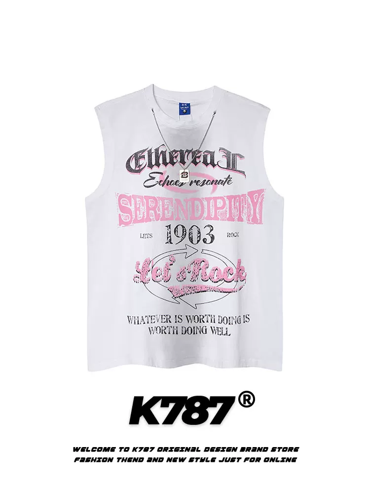 K787 Mỹ retro đường phố hip-hop dưa hấu áo vest màu đỏ Áo thun unisex oversize vòng cổ ins áo không tay