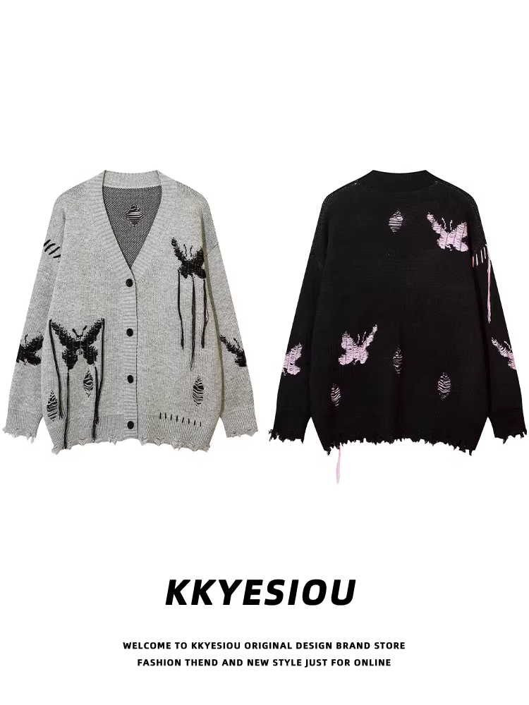 Áo len cặp đôi phong cách retro Mỹ, phối màu bướm, kiểu dáng lười, dáng rộng, chất liệu dệt kim, dành cho nam và nữ