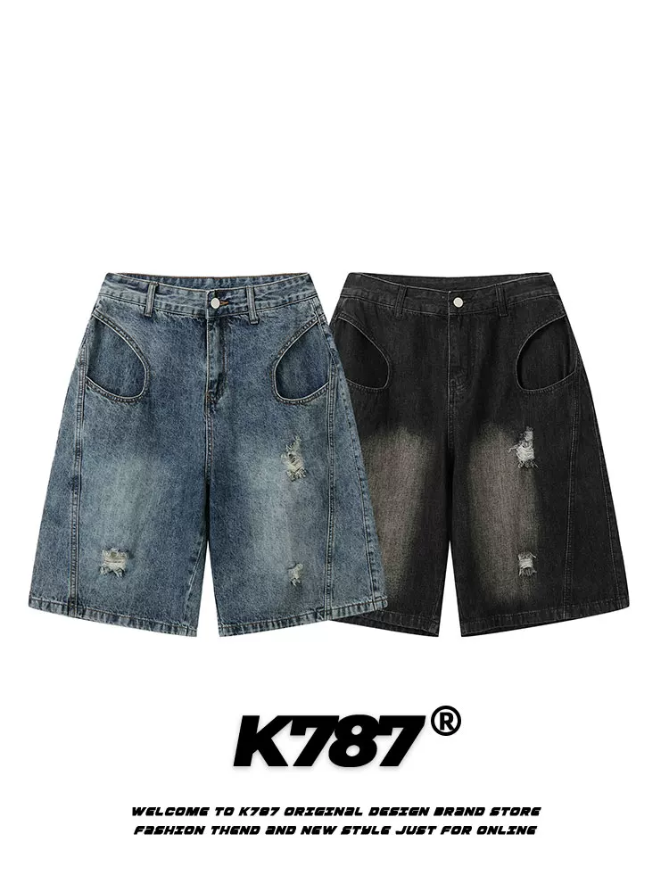 Quần short denim rộng ống, kiểu Mỹ cổ điển, xước nhẹ, unisex, dài đến đầu gối, đa năng, cạp cao, dáng thẳng, phong cách thường ngày