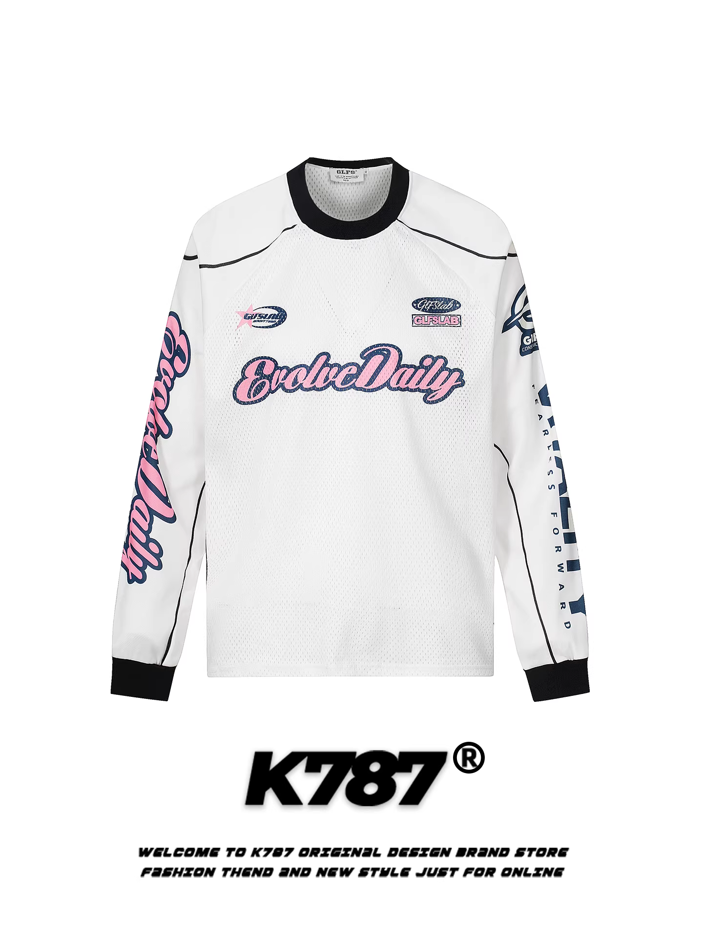 Áo thun dài tay in chữ cổ điển Mỹ K787 dành cho nam và nữ, áo thể thao lưới phối màu rộng rãi thoáng khí