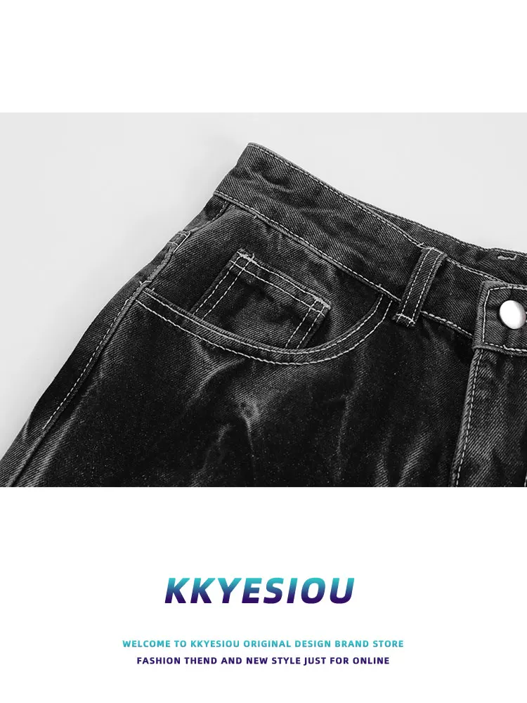 Quần jeans đen phai màu kiểu Mỹ cổ điển, unisex, dáng rộng, cạp cao, đa năng, ống thẳng của thương hiệu KKyesiou