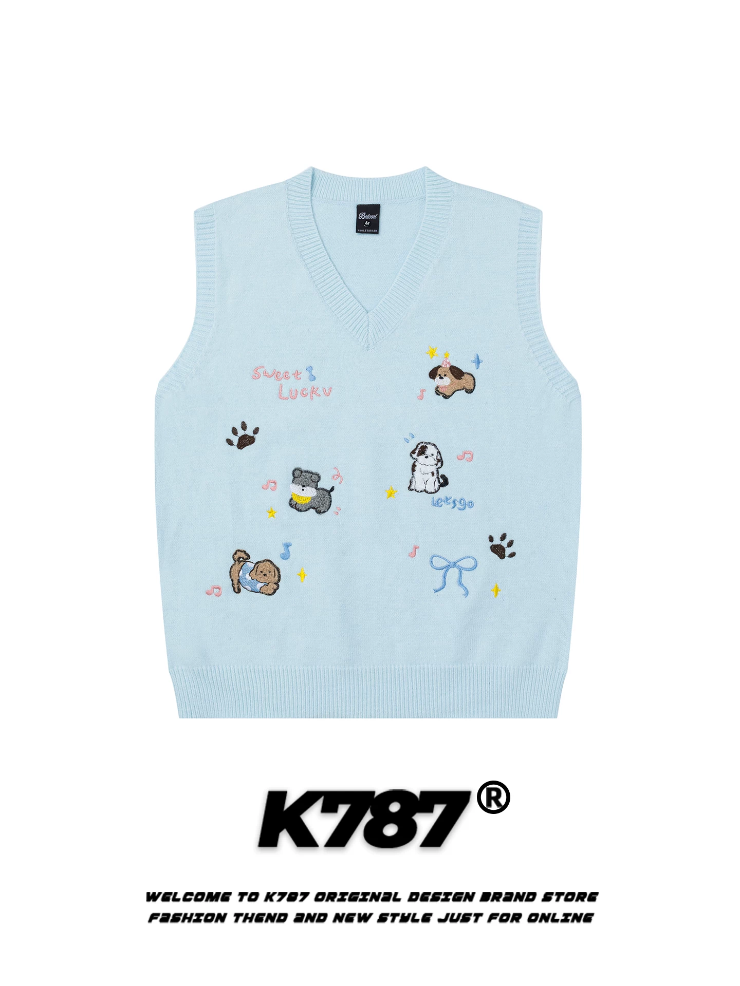 K787 Áo vest cổ chữ V thêu hình động vật hoạt hình phong cách ngọt ngào của Mỹ dành cho nam và nữ, áo len dệt kim dáng rộng phong cách đại học.