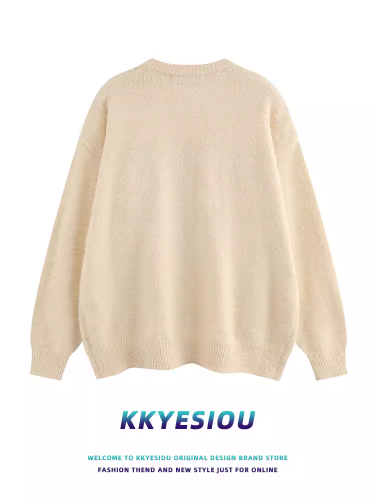 Áo len dệt kim kiểu Mỹ cổ điển KKyesiou dành cho nam và nữ, phong cách lười biếng, đa năng, áo len cặp đôi
