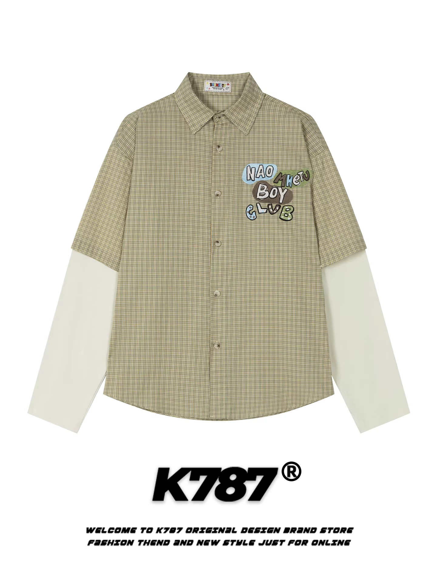 K787 Áo sơ mi dài tay giả hai mảnh kiểu Mỹ cổ điển thêu chữ unisex phong cách đại học áo sơ mi đa năng áo khoác