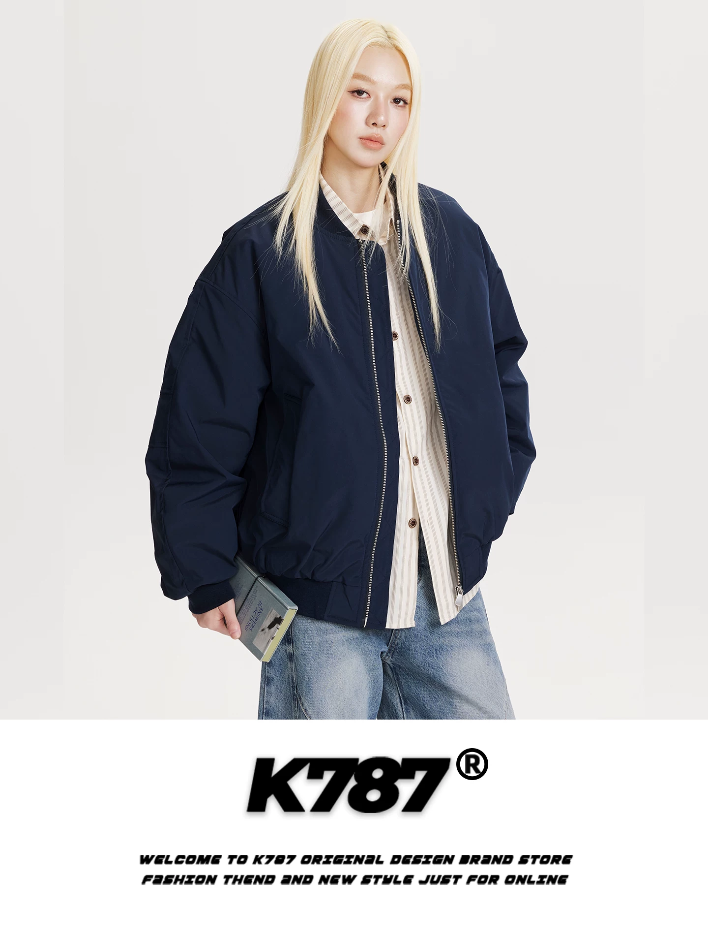 Áo khoác bomber màu trơn kiểu Mỹ cổ điển K787 chất liệu cotton, unisex, dáng rộng, thời trang, thương hiệu nổi tiếng, màu hồng ấm áp, áo đôi mùa đông