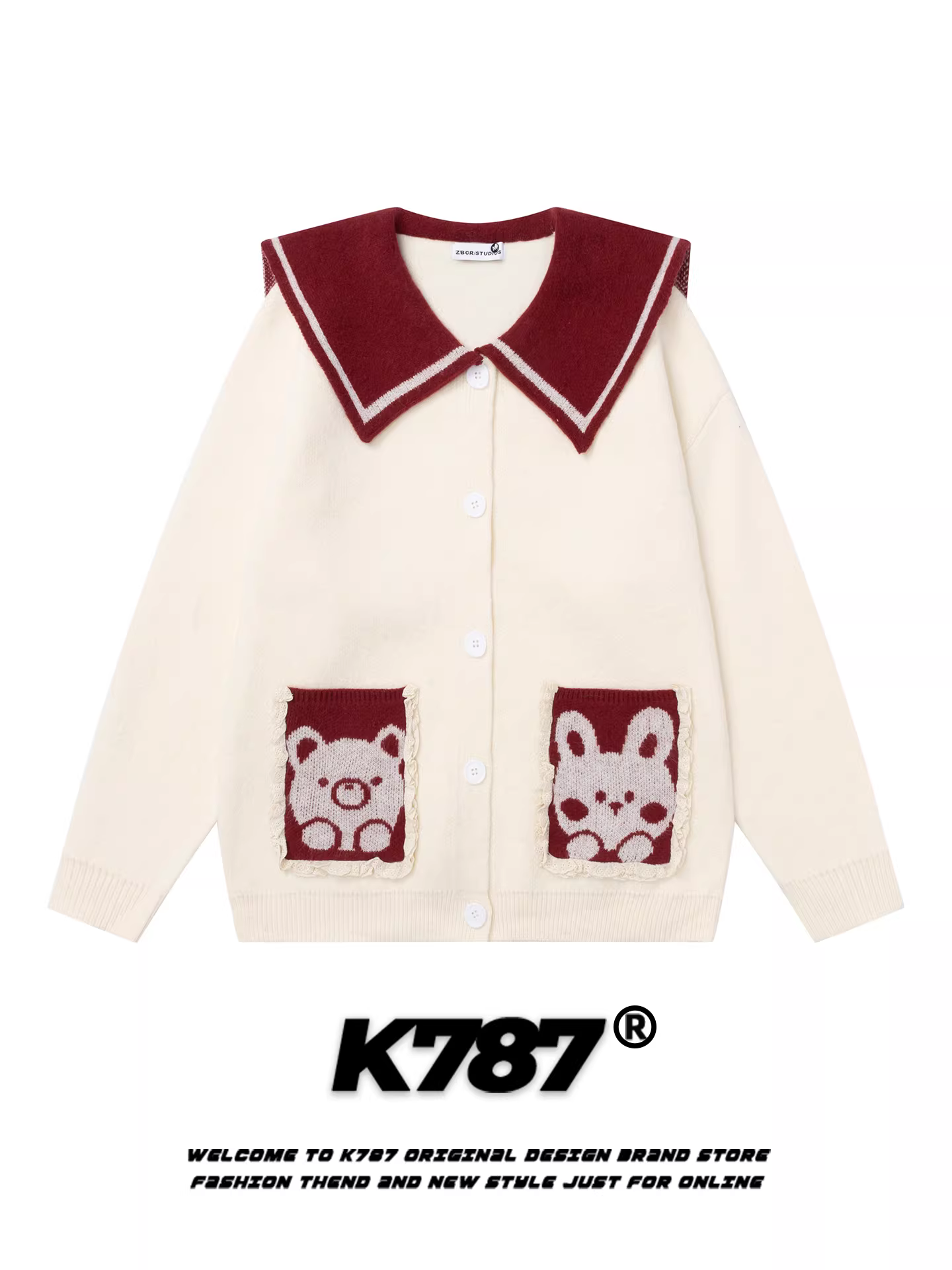 Áo len cổ thủy thủ hình gấu và thỏ phong cách đường phố Mỹ K787 dành cho nữ, áo cardigan dệt kim dáng rộng, phong cách học sinh, thoải mái cho mùa thu.