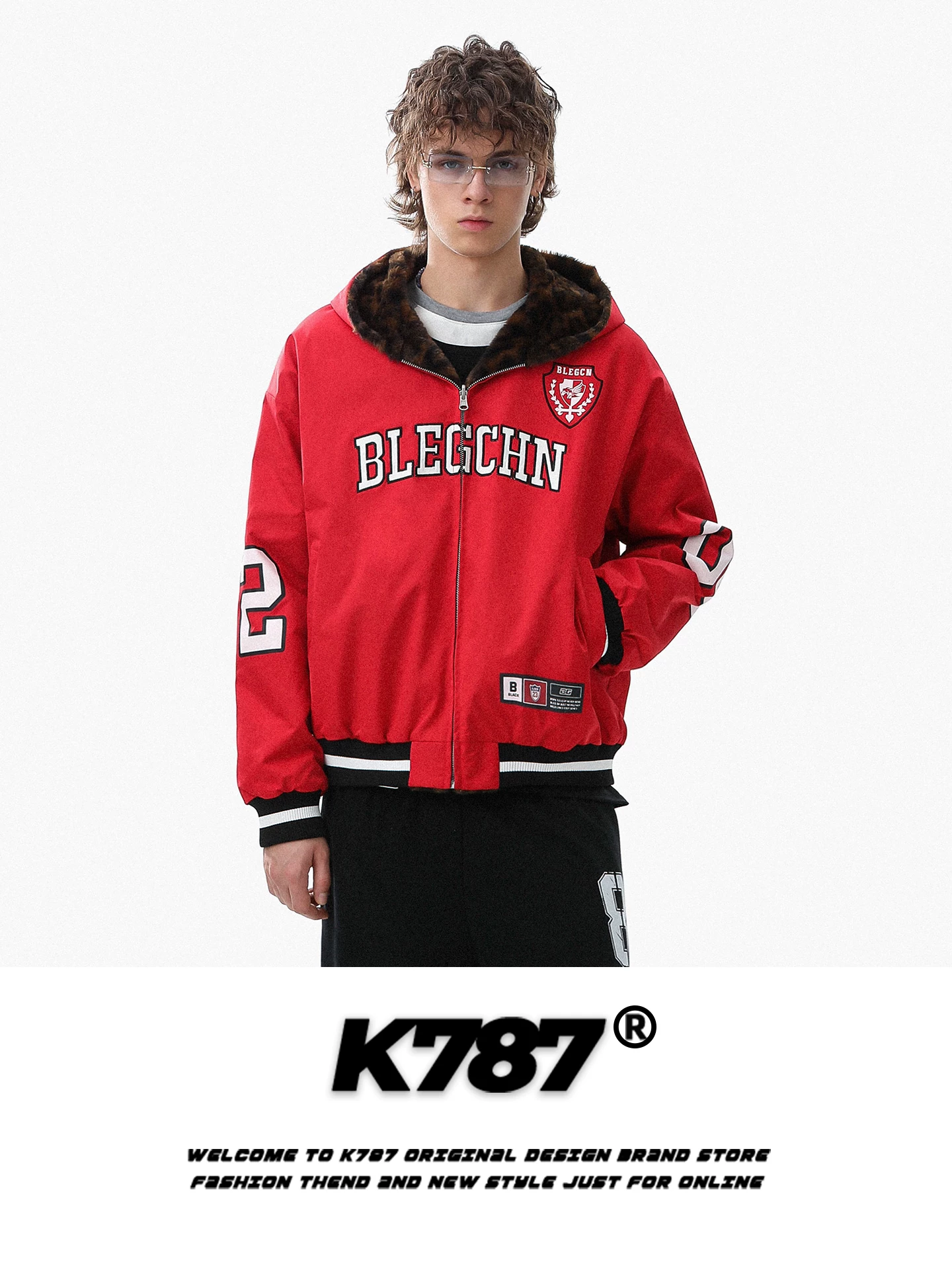 Áo khoác cotton có mũ trùm đầu in họa tiết da báo cổ điển kiểu Mỹ K787 dành cho nam và nữ, kiểu dáng rộng rãi hợp thời trang, áo khoác cotton thêu phong cách lười biếng.
