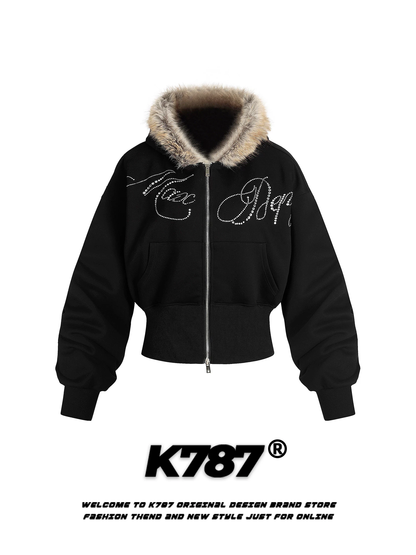 Áo khoác cardigan có mũ trùm đầu, cổ lông đính đá phong cách đường phố Mỹ K787 dành cho nữ, áo khoác ngắn có dây rút eo, kiểu dáng thường ngày cho mùa thu.