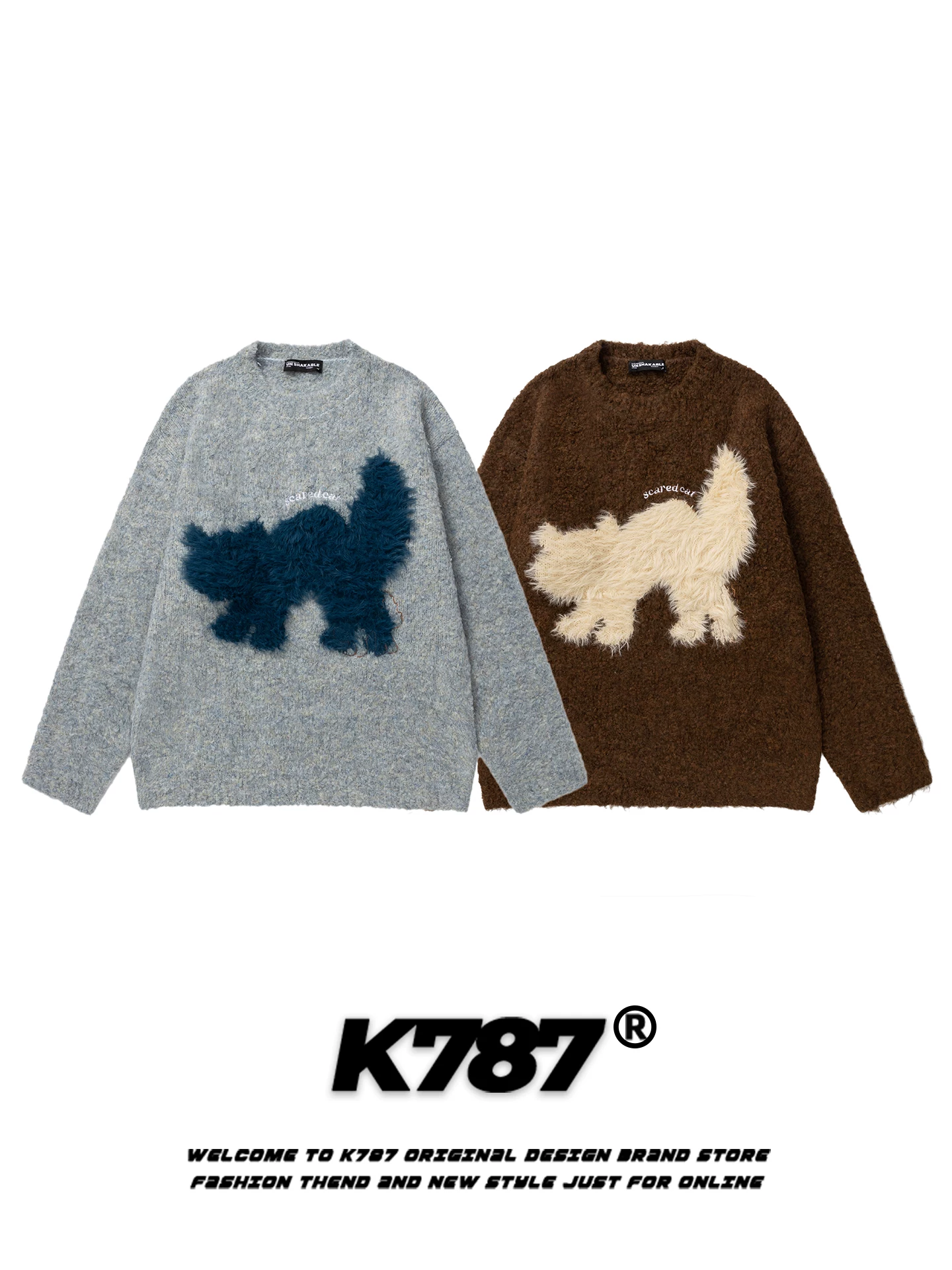 Áo len dệt kim thêu họa tiết mèo phong cách đường phố Mỹ K787, kiểu dáng unisex, cổ điển, thoải mái, rộng rãi, dành cho cặp đôi