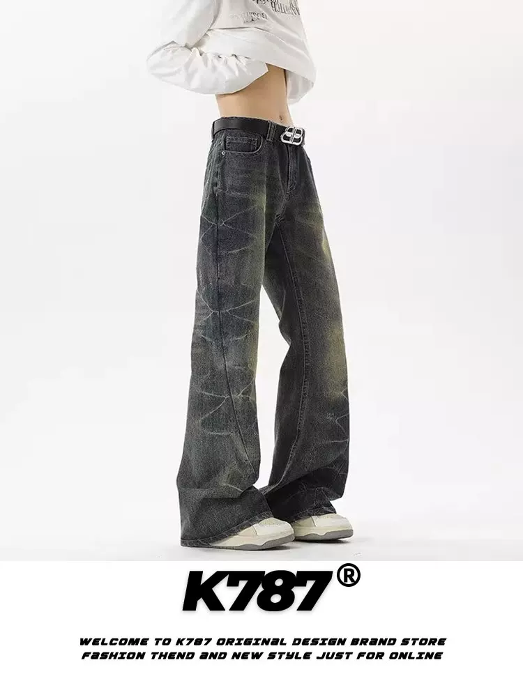 Quần jeans unisex dáng thẳng lưng cao, chất liệu denim xước kiểu retro Mỹ K787, kiểu dáng rộng rãi, phong cách thường ngày