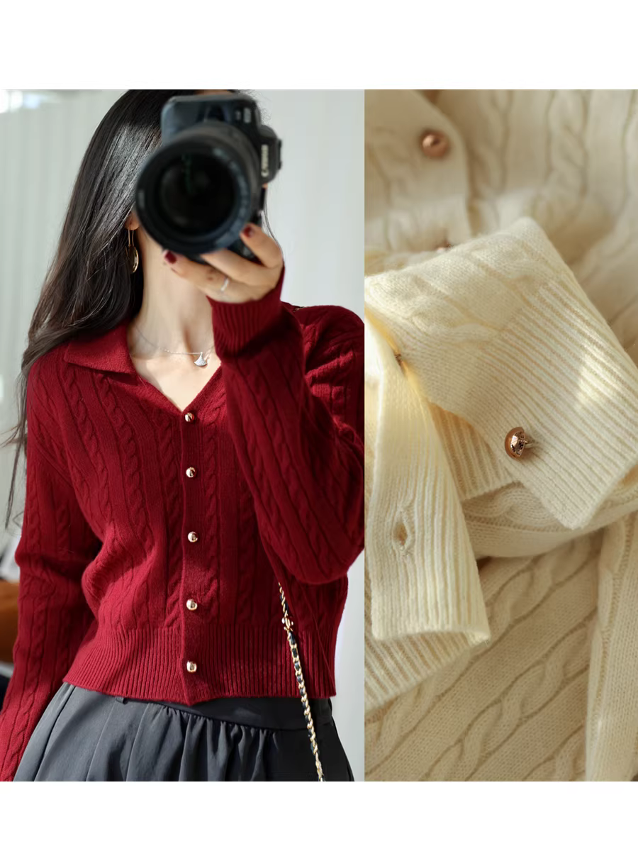 Áo len len dày dặn kiểu Hàn Quốc 300g, cổ trụ, khuy cài vàng nhỏ, kiểu đan dây, áo ngắn cho nữ, mùa thu đông.