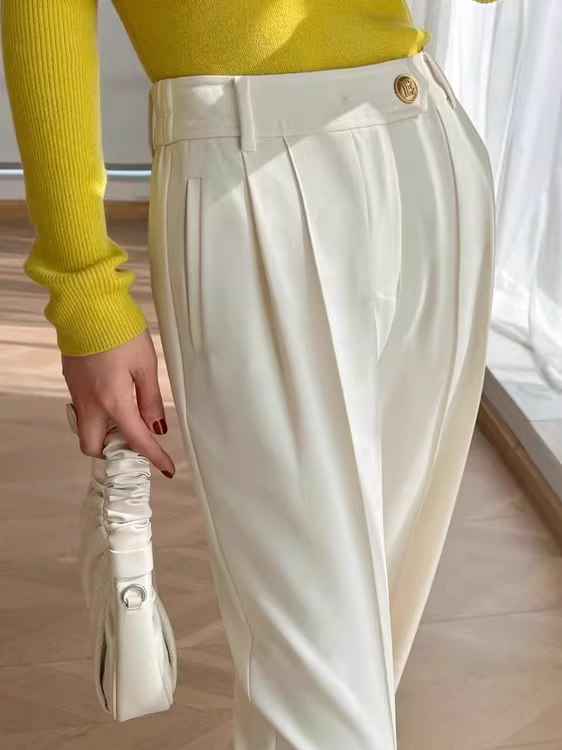 Quần âu nữ chất liệu len Tencel không nhăn, dáng suôn, lưng cao vừa phải, khóa nhỏ màu vàng, rộng ống, tôn dáng, mùa xuân