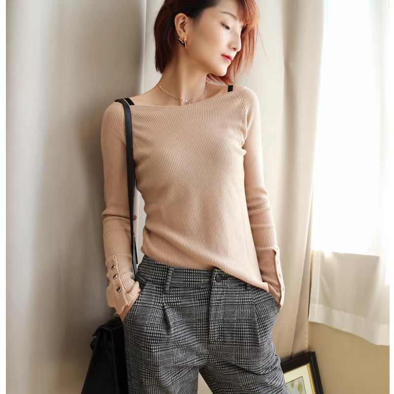 Áo len len đỏ cổ một đường dành cho nữ, áo len chui đầu dáng ôm dài tay kiểu mới đầu thu