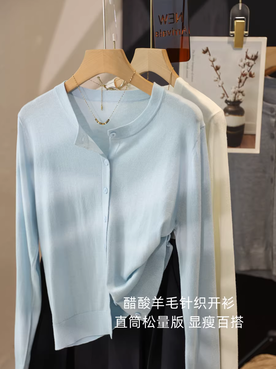 Áo len dệt kim đa năng bằng len axetat đầu mùa thu, dáng rộng, thon gọn, cổ tròn, tay dài, màu trơn, áo đi làm dành cho nữ.