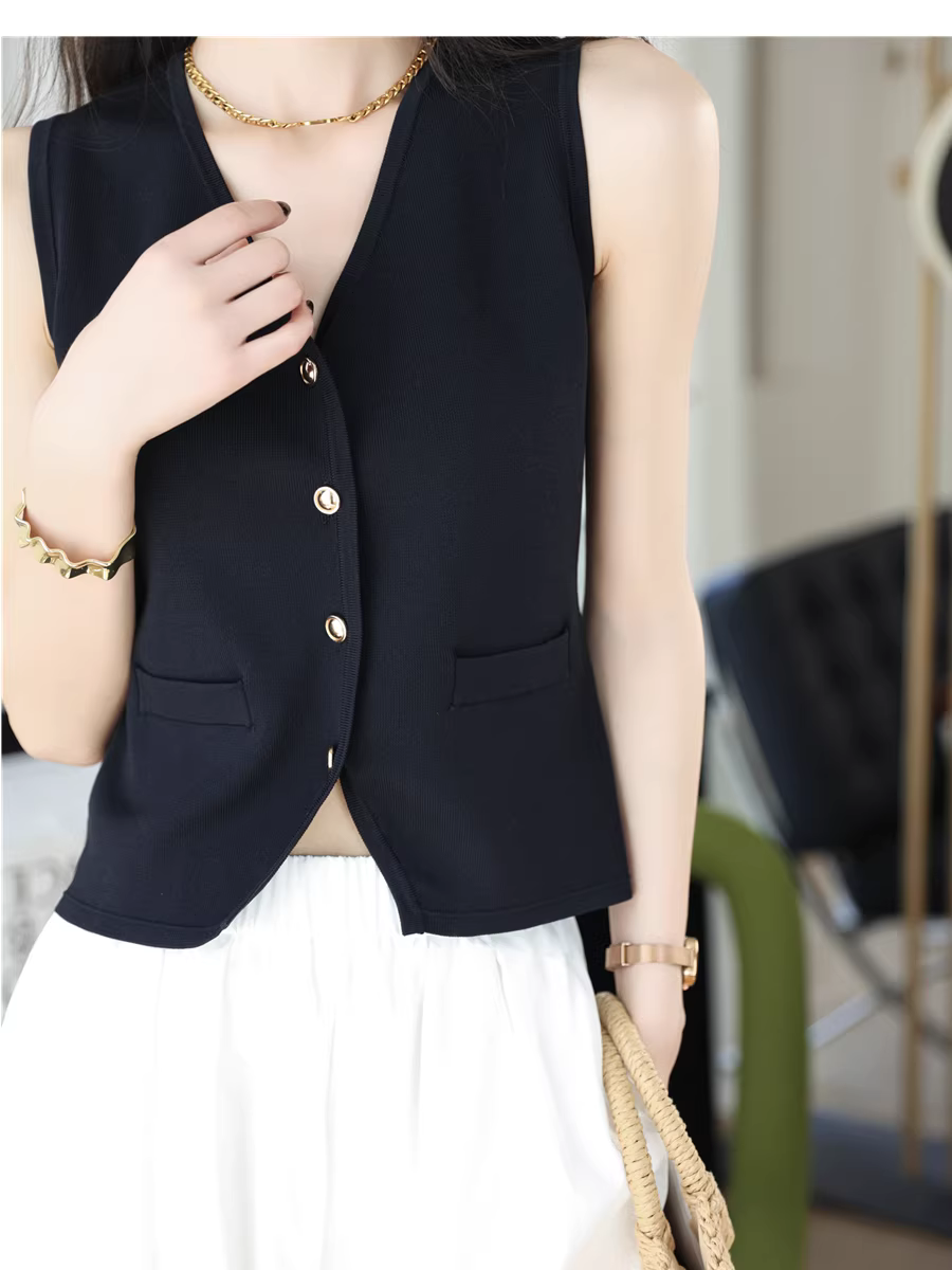 Áo gile dệt kim không tay kiểu Pháp cổ V chất liệu lụa đá mát mẻ thoáng khí dành cho nữ mùa hè mới