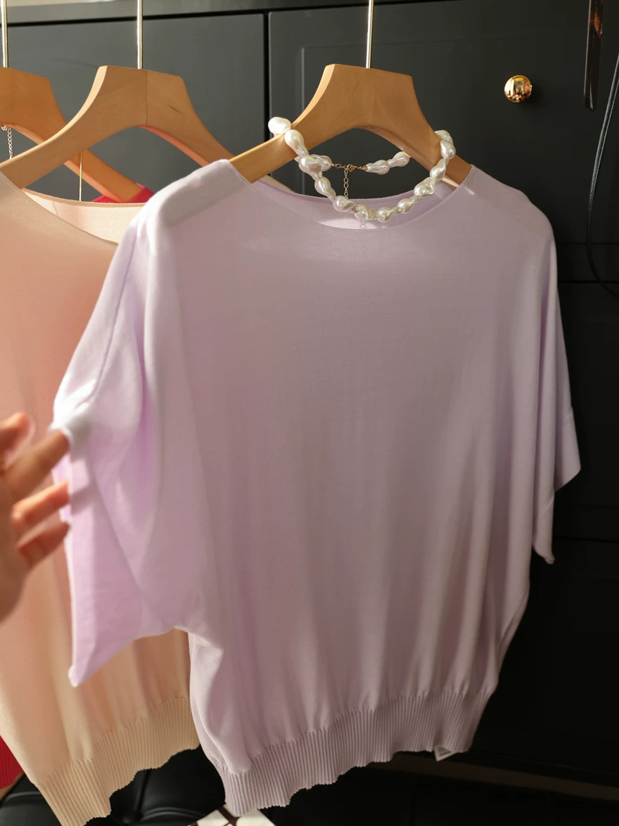 100% Lyocell Mát mẻ Cổ tròn dáng rộng vừa vặn Giảm béo Tay áo cánh dơi dệt kim hàng đầu dành cho nữ Mùa hè mới