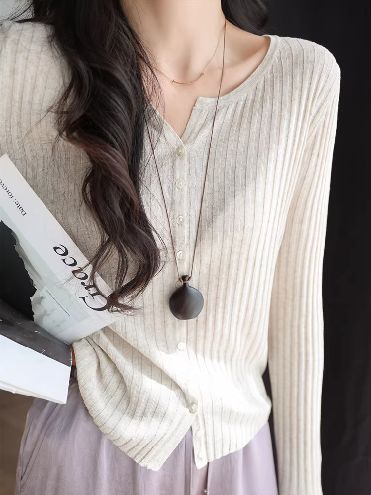 Áo cardigan dệt kim cổ tròn chất liệu vải lanh Lyocell thoáng khí, ôm dáng, mỏng nhẹ, dành cho nữ mùa xuân/hè