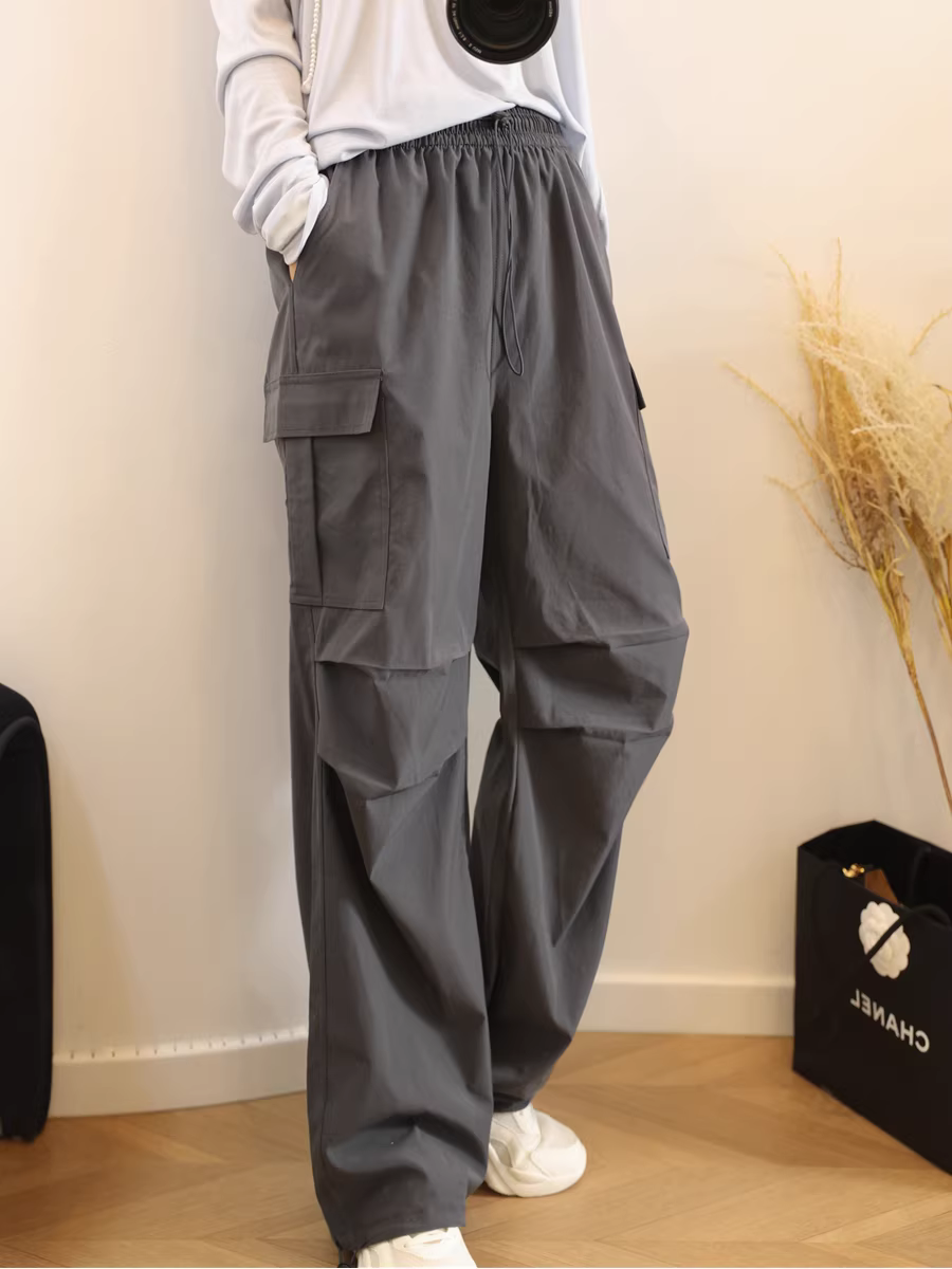 Quần cargo mỏng mát mùa hè kiểu Mỹ dành cho nữ với thiết kế túi, quần dù rộng, quần dài dành cho nữ