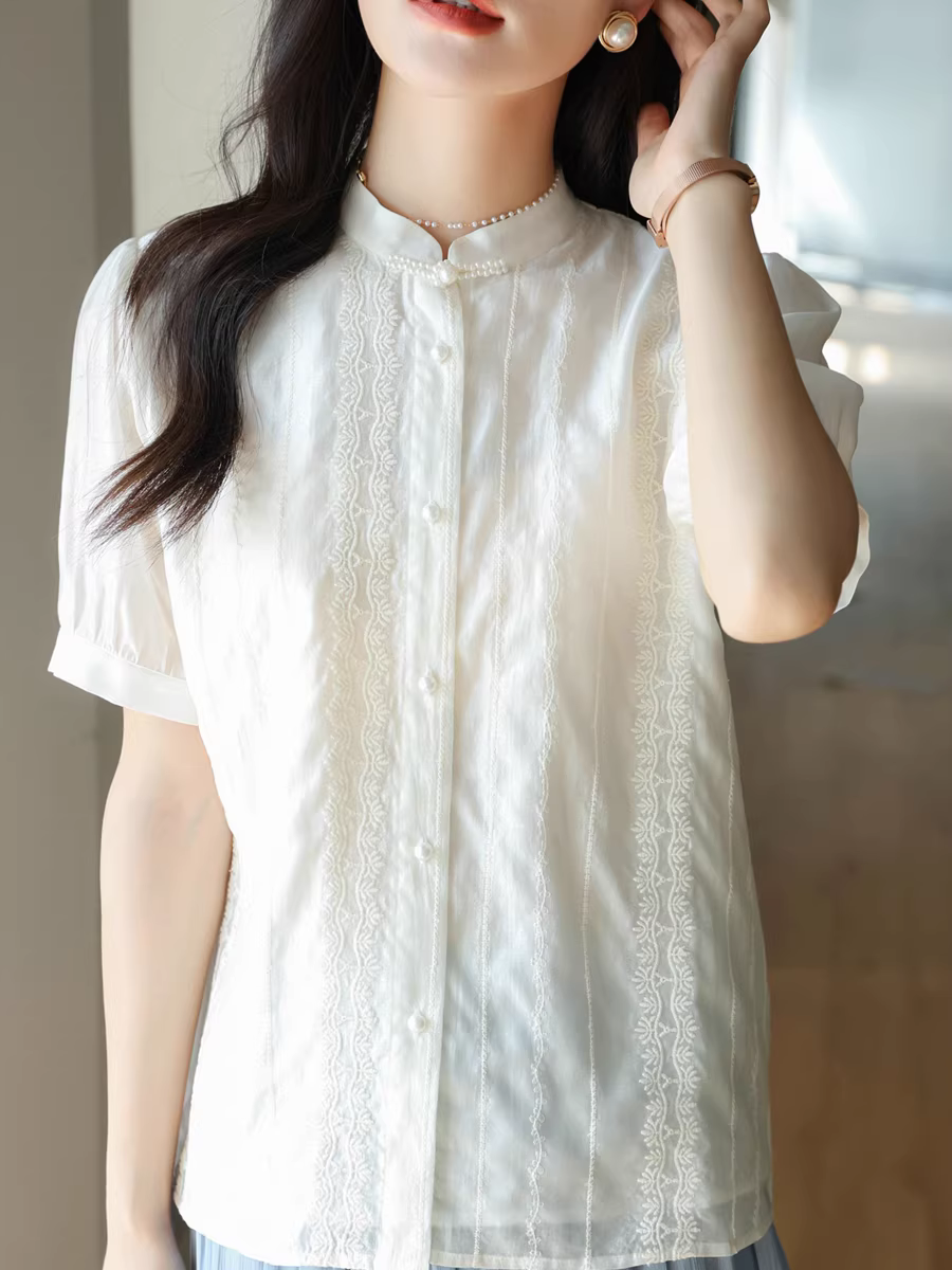 Tác phẩm nghệ thuật được chế tác tinh xảo! Áo thun cổ đứng thêu nhiều sợi phong cách dân tộc Trung Quốc mới có nút ngọc trai dành cho nữ trong mùa hè.