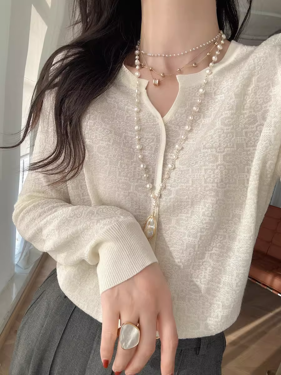 Áo len len phong cách Trung Quốc mới ren jacquard cổ chữ V dệt kim dài tay áo thun mỏng dành cho nữ đầu xuân