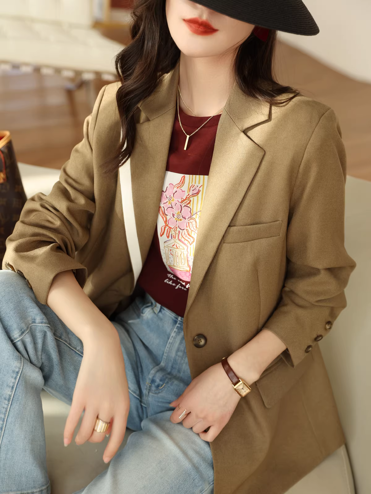 Áo blazer đơn hàng nút, cổ phối màu phong cách boutique dành cho nữ, mùa xuân