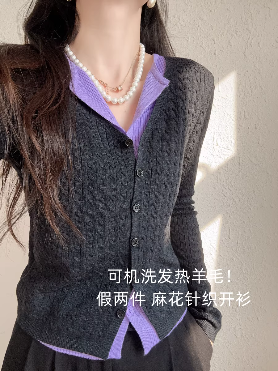 Áo len ấm có thể giặt bằng máy! Kết hợp màu sắc tinh tế, áo cardigan dệt kim giả hai mảnh cổ chữ V, áo len phối màu dành cho nữ, mùa thu đông.