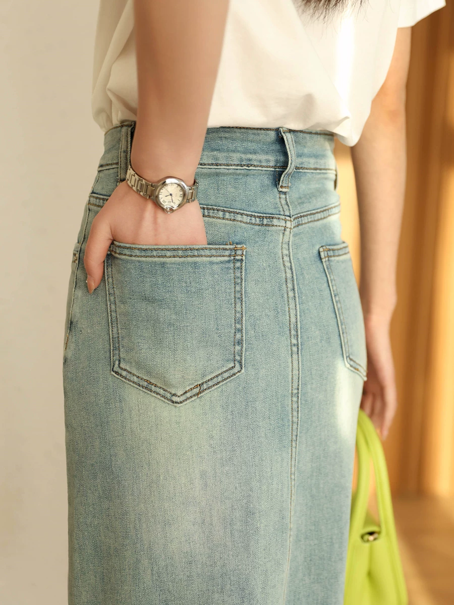 Váy denim dáng chữ A cạp cao đa năng, thiết kế che hông, chất liệu cotton co giãn, kiểu dáng midi xẻ tà dành cho nữ, mùa xuân hè.