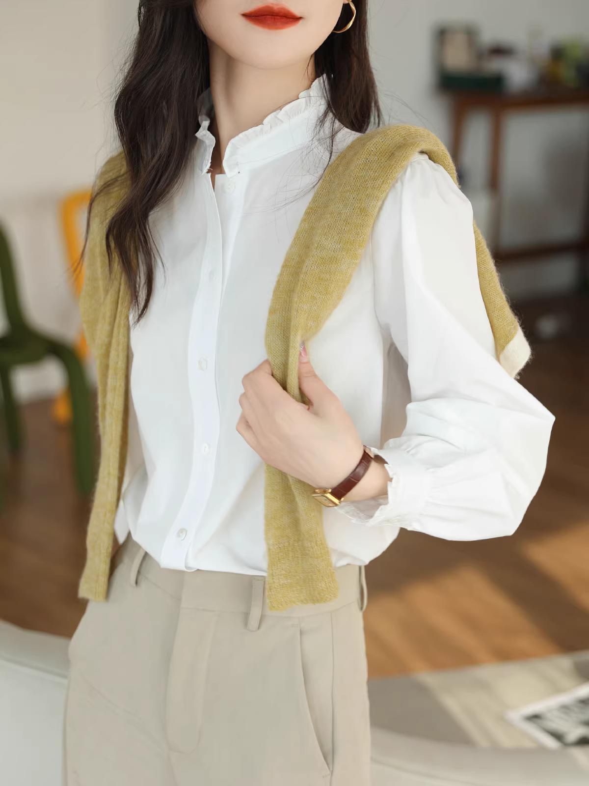 Áo sơ mi nữ tay đèn cotton giặt kiểu Pháp, cổ đứng bèo nhún, tay dài, dáng rộng, mẫu mới xuân hè