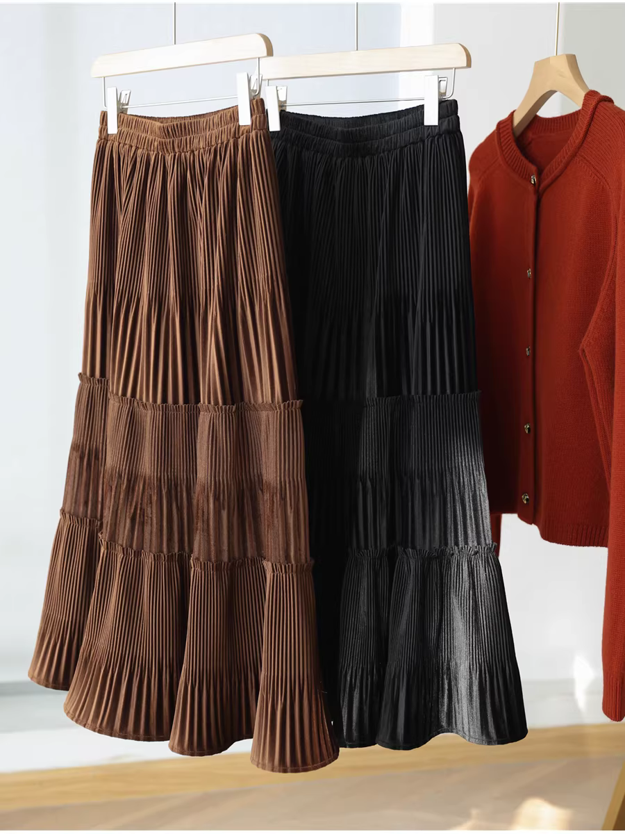 Váy xếp ly cao cấp! Thiết kế độc đáo, chất liệu nhung co giãn, cạp cao, tôn dáng, kiểu xếp ly xếp nếp, dáng chữ A, dài qua gối dành cho nữ mùa đông