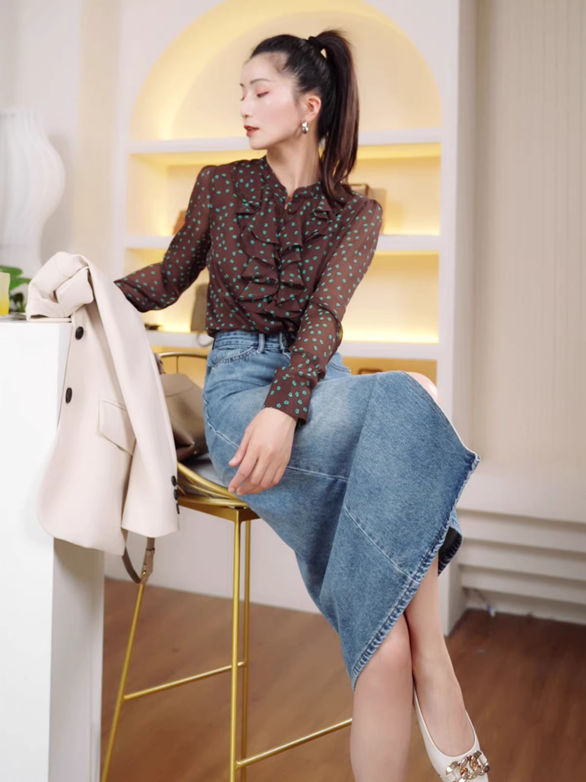 Chân váy midi denim xẻ tà cao cấp, kiểu dáng chữ A, mùa xuân dành cho nữ