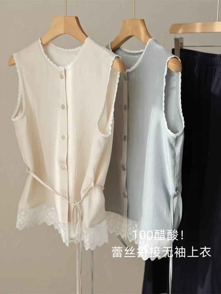 Áo sơ mi nữ không tay kiểu Hàn Quốc, chất liệu 100% acetate, phối ren tươi mát ngọt ngào, kiểu dáng rộng, buộc dây, mẫu mới mùa hè.