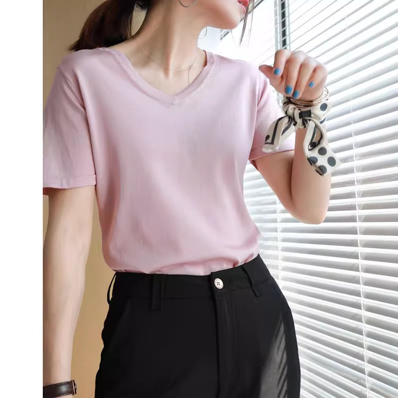 Áo len dệt kim đi làm hàng ngày!! Chất lượng tuyệt vời ~ Áo thun nữ dệt kim lụa đá cổ chữ V tay ngắn