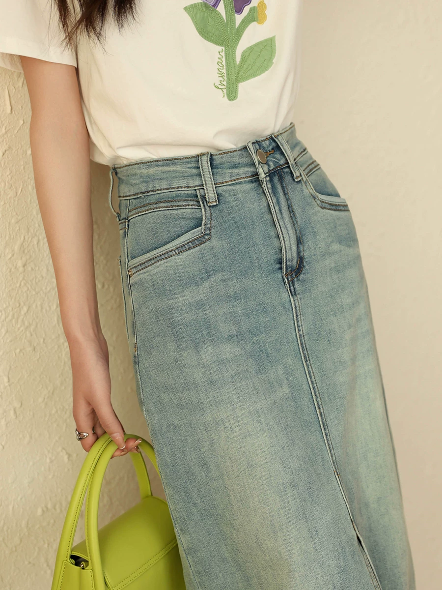 Váy denim dáng chữ A cạp cao đa năng, thiết kế che hông, chất liệu cotton co giãn, kiểu dáng midi xẻ tà dành cho nữ, mùa xuân hè.