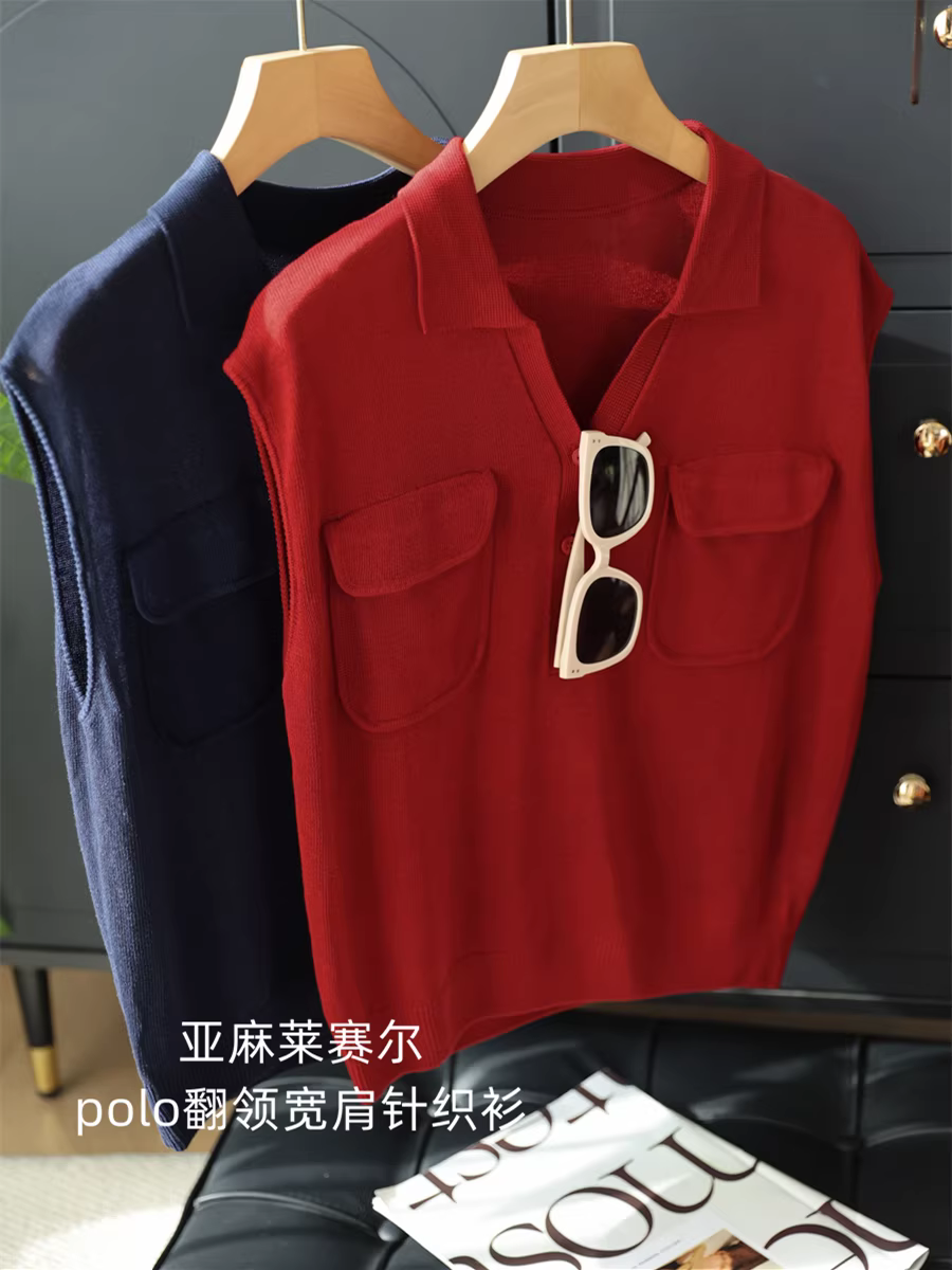 Áo thun polo cổ rộng chất liệu linen lyocell thoáng mát, mỏng, cổ V, tay sát nách, có túi dành cho nữ mùa hè