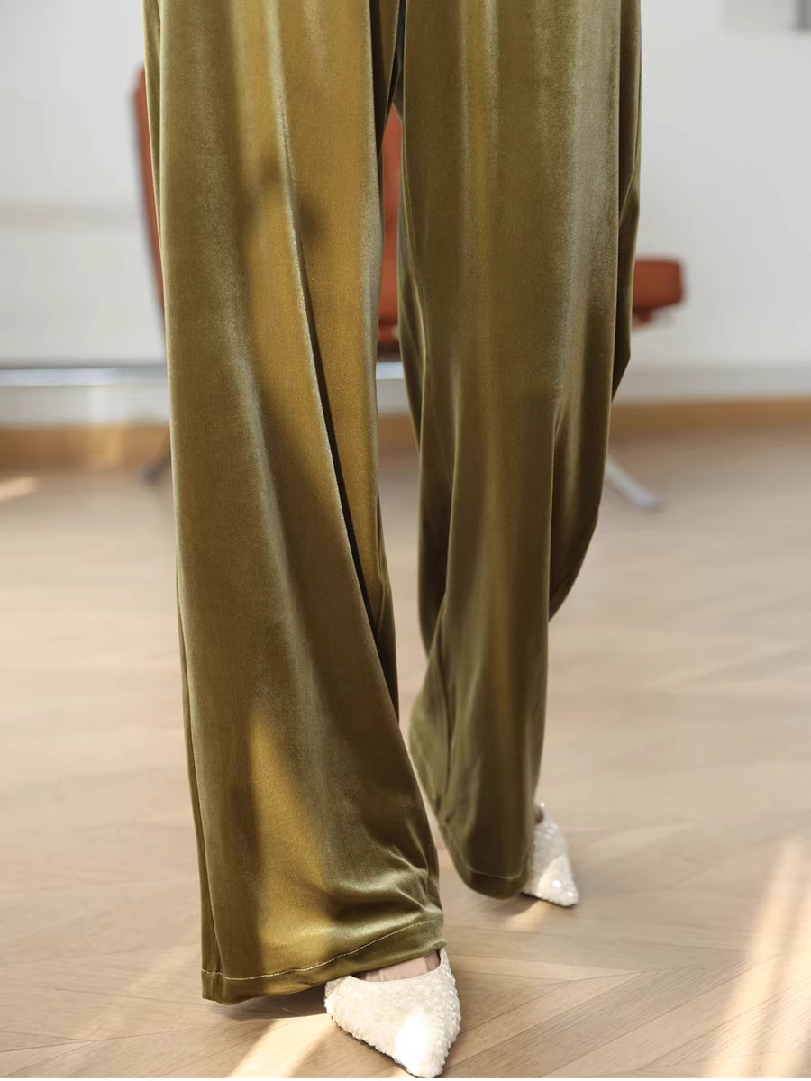 Tranh sơn dầu màu xanh lá cây! Quần nhung phong cách cổ điển Hồng Kông, dáng rộng và xòe, quần ống rộng thẳng lưng cao co giãn, quần dài dành cho nữ, mới cho mùa xuân.