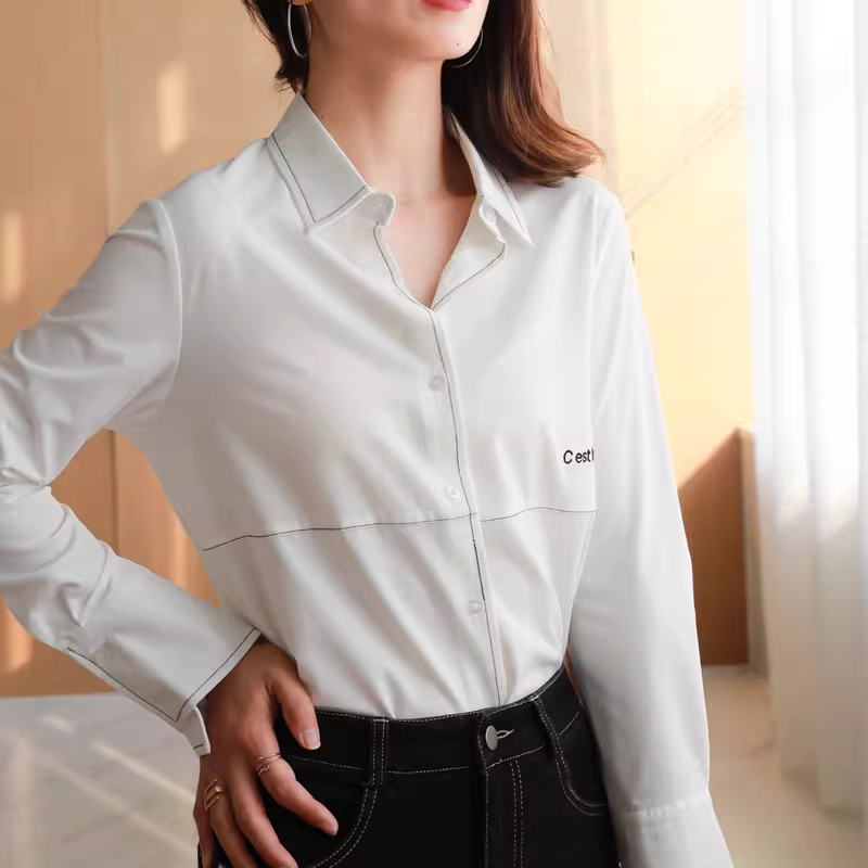 Áo sơ mi trắng cơ bản, thiết kế chuyên sâu, dành riêng cho nữ, phong cách công sở mùa thu, áo sơ mi trắng dài tay chuyên nghiệp với thiết kế thoải mái, chống nhăn.