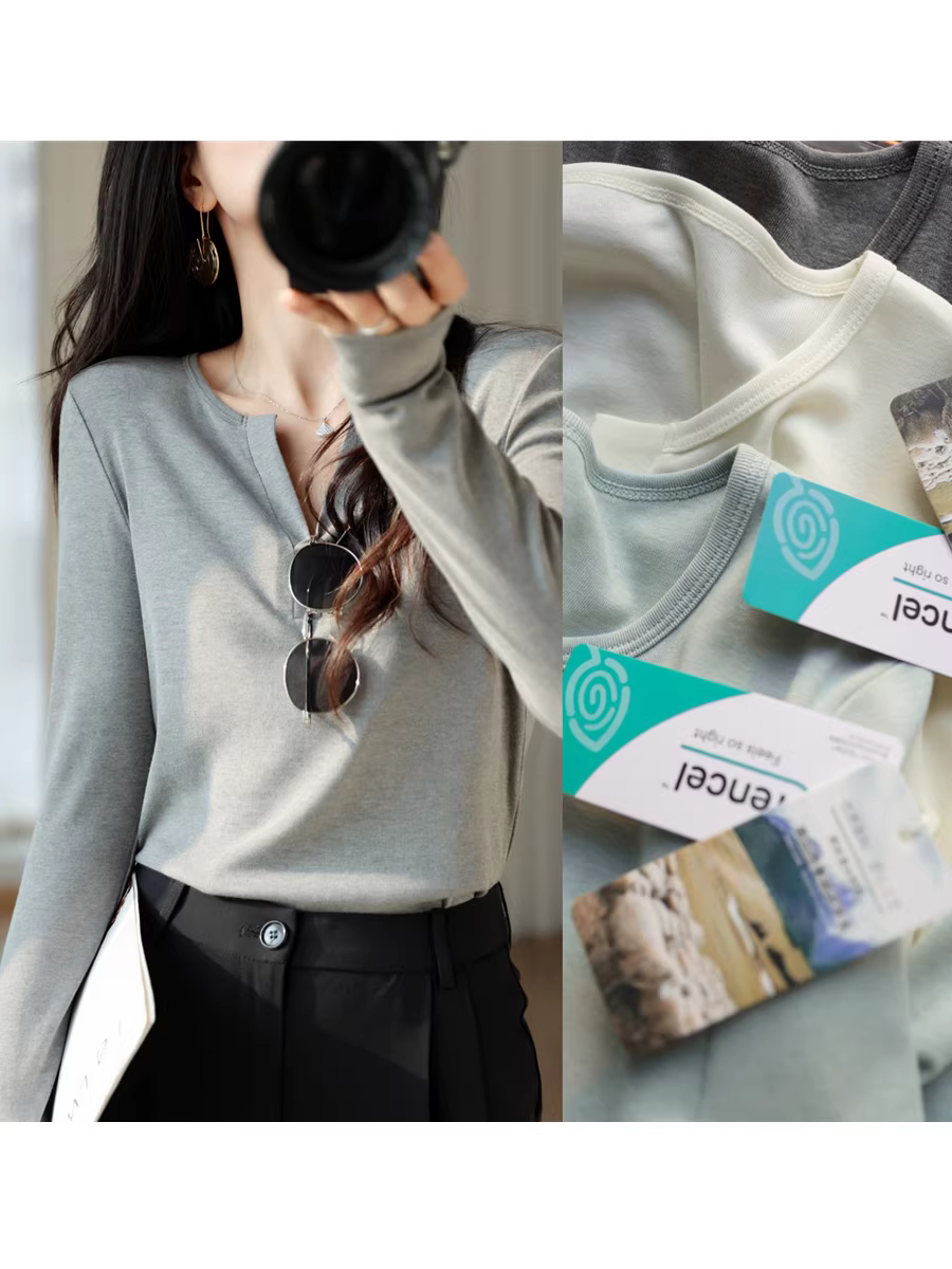 Áo len dệt kim cổ V dáng ôm, chất liệu len Tencel mềm mại, co giãn tốt, tạo cảm giác thoải mái như không mặc, màu trơn, thích hợp làm áo lót cho nữ mùa thu.