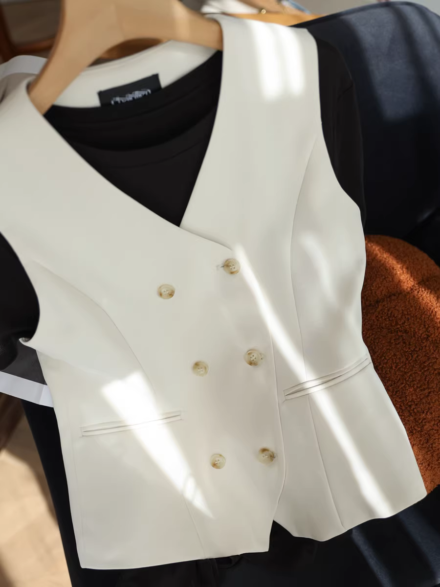 Kiểu dáng thời trang khi mặc một mình + tôn dáng khi phối đồ! Áo vest blazer nữ may ba chiều, ôm eo, cài khuy đôi, thích hợp cho mùa hè và mùa thu.